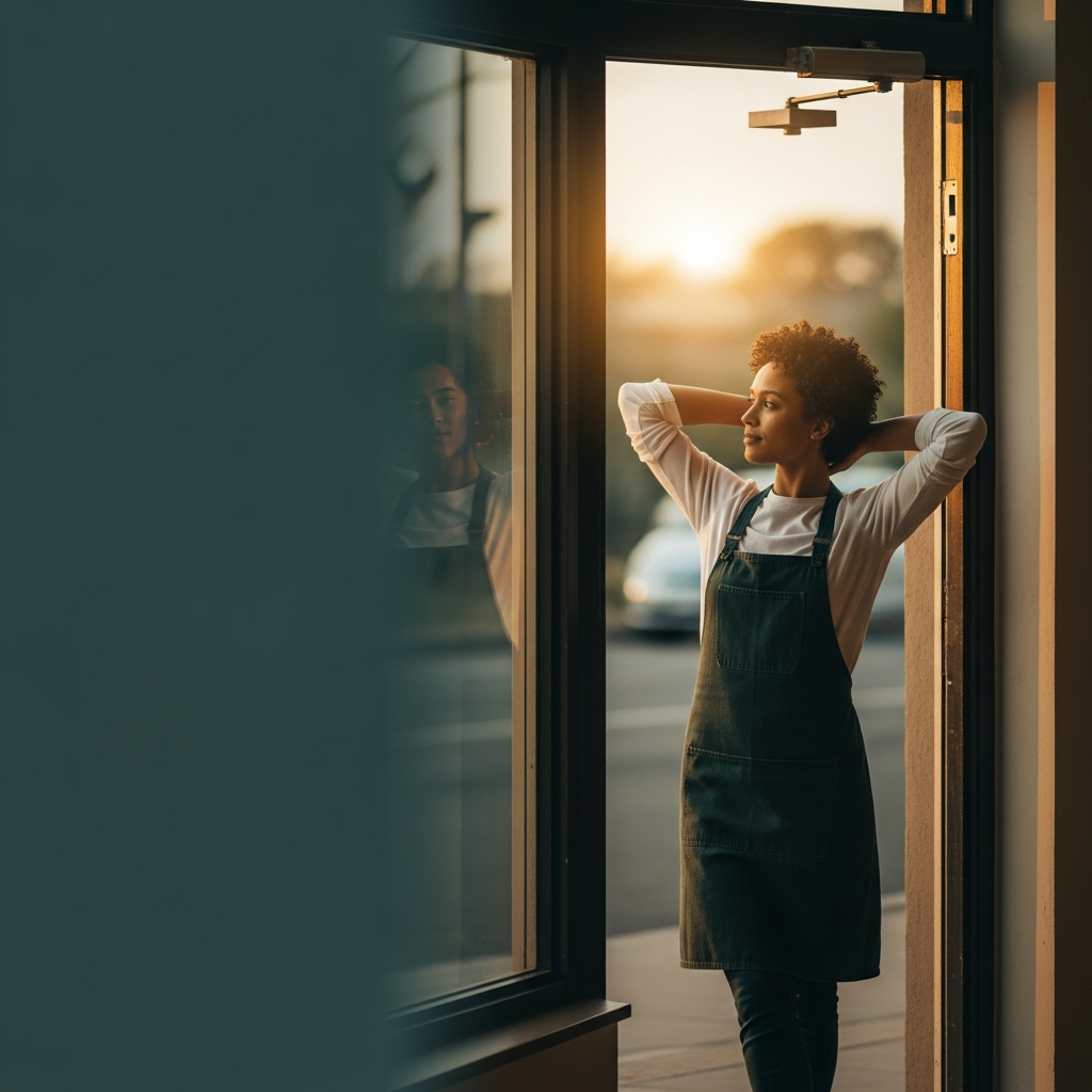 A small-business owner standing in their storefront doorway at golden hour.